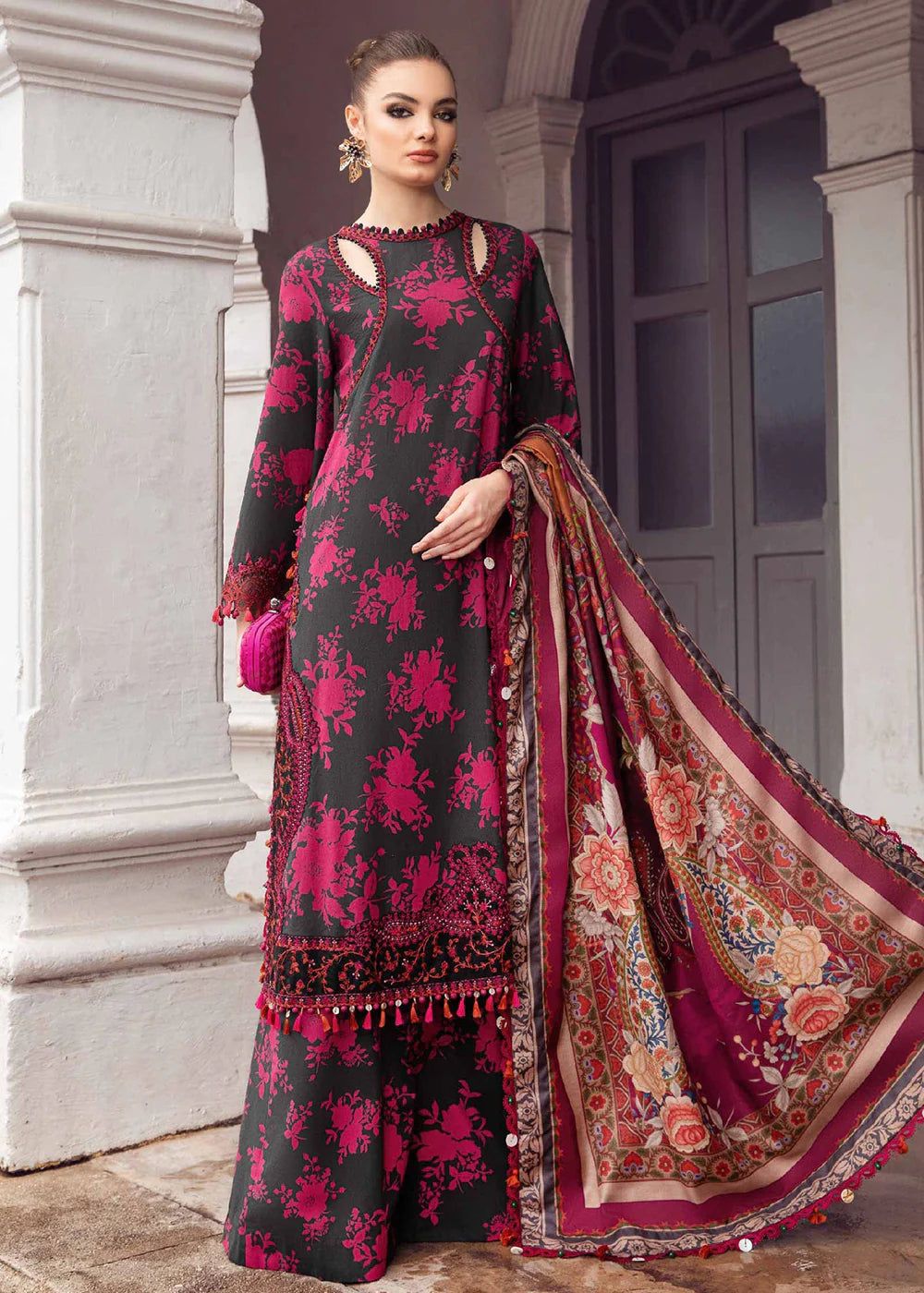 ADORNE Printed lawn front with heavy embroidered